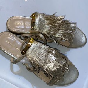 Marc Fisher Gold Fringed Sandals, 8, ankle strap, gold bar. No box
